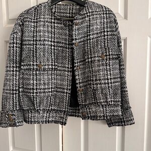 Zara Plaid Tweed Bomber Jacket